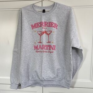 🍸 MERRIER WITH A MARTINI 💞XL Gildan Gray Sweatshirt, Pink Martini Design • NWOT